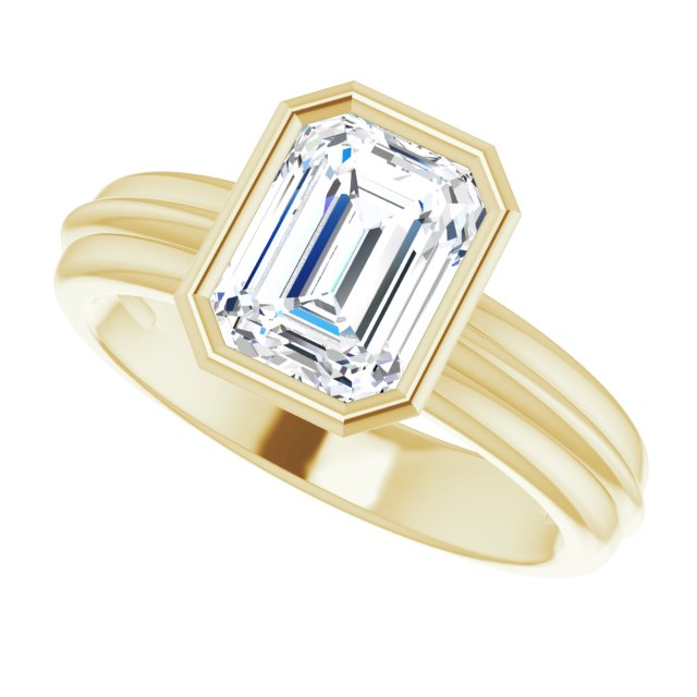 Cubic Zirconia Engagement Ring- The Aretha (Customizable Bezel-set Emerald Cut Solitaire with Grooved Band)