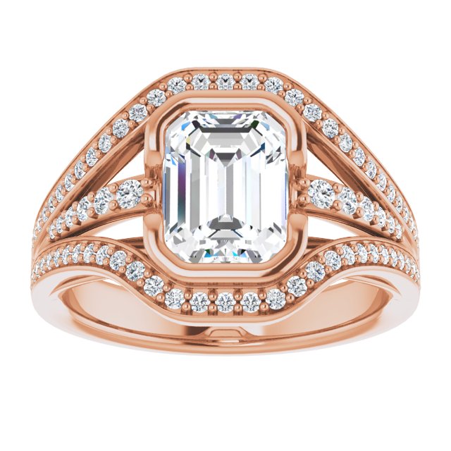 Cubic Zirconia Engagement Ring- The Paola (Customizable Cathedral-Bezel Emerald Cut Design with Wide Triple-Split-Pavé Band)