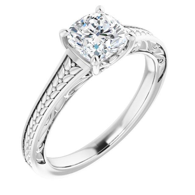 10K White Gold Customizable Cushion Cut Solitaire with Organic Textured Band and Decorative Prong Basket