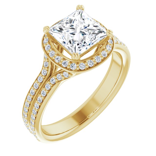 10K Yellow Gold Customizable Cathedral-set Princess/Square Cut Style with Split-Pav? Band