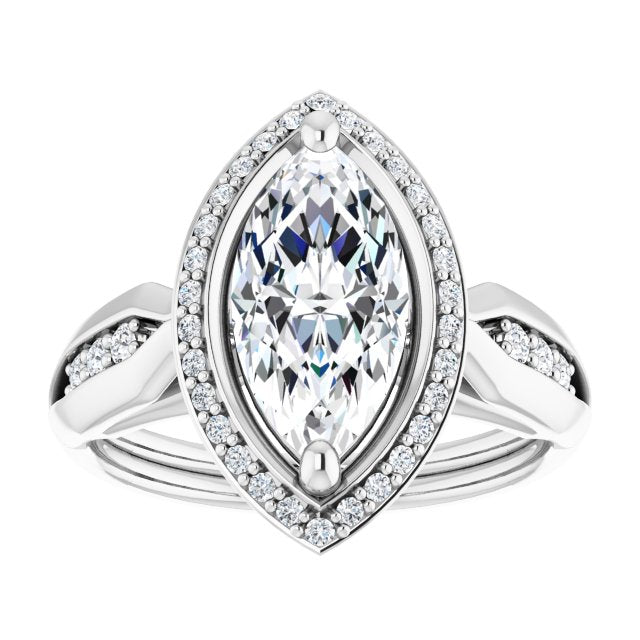 Cubic Zirconia Engagement Ring- The Ina Vaani (Customizable Cathedral-raised Marquise Cut Design with Halo and Tri-Cluster Band Accents)