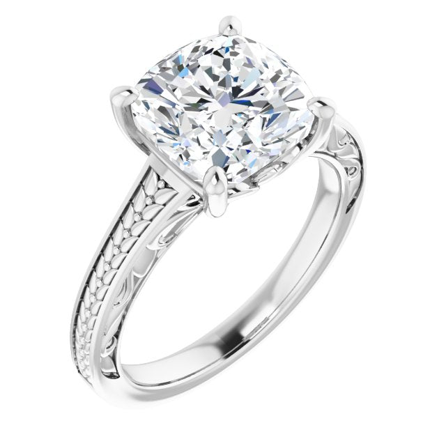 10K White Gold Customizable Cushion Cut Solitaire with Organic Textured Band and Decorative Prong Basket
