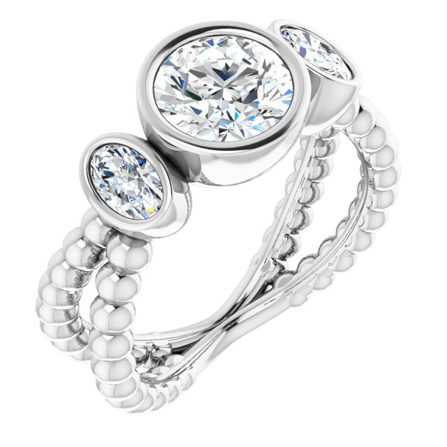 10K White Gold Customizable 3-stone Round Cut Design with 2 Oval Cut Side Stones and Wide, Bubble-Bead Split-Band