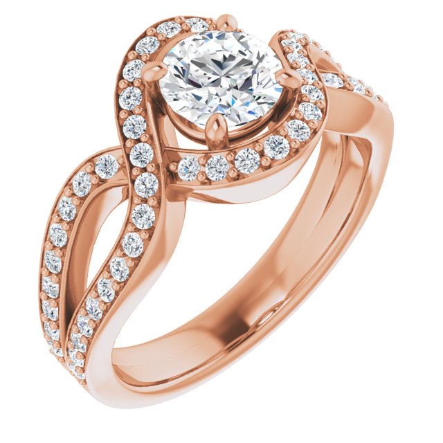 10K Rose Gold Customizable Round Cut Center with Infinity-inspired Split Shared Prong Band and Bypass Halo