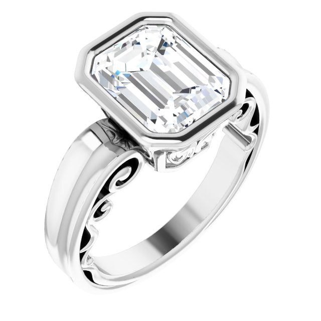 10K White Gold Customizable Bezel-set Emerald/Radiant Cut Solitaire with Wide 3-sided Band