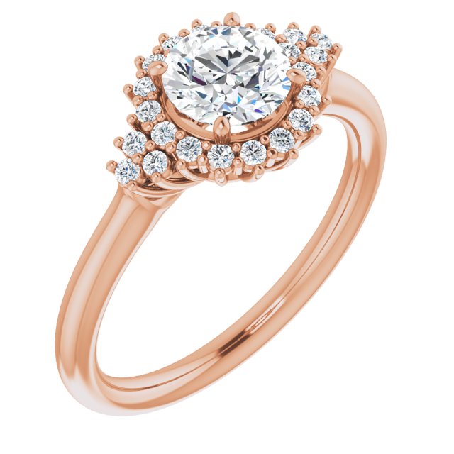 10K Rose Gold Customizable Round Cut Cathedral-Halo Design with Tri-Cluster Round Accents