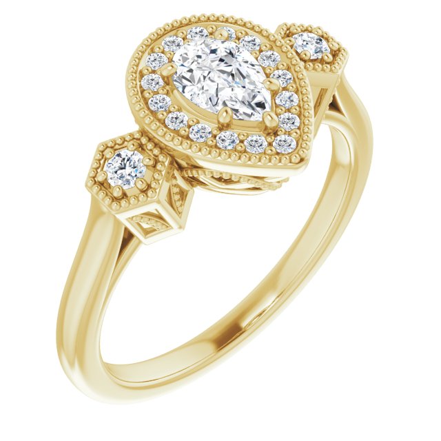 10K Yellow Gold Customizable Cathedral Pear Cut Design with Halo and Delicate Milgrain