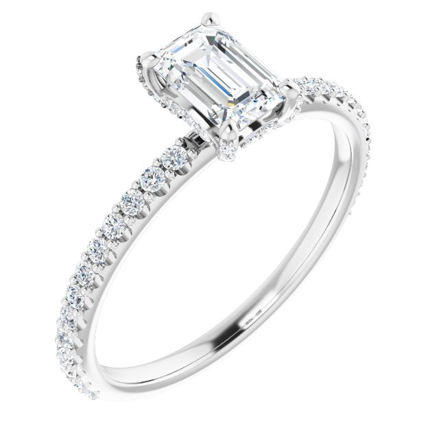 10K White Gold Customizable Emerald/Radiant Cut Design with Round-Accented Band, Micropav? Under-Halo and Decorative Prong Accents)