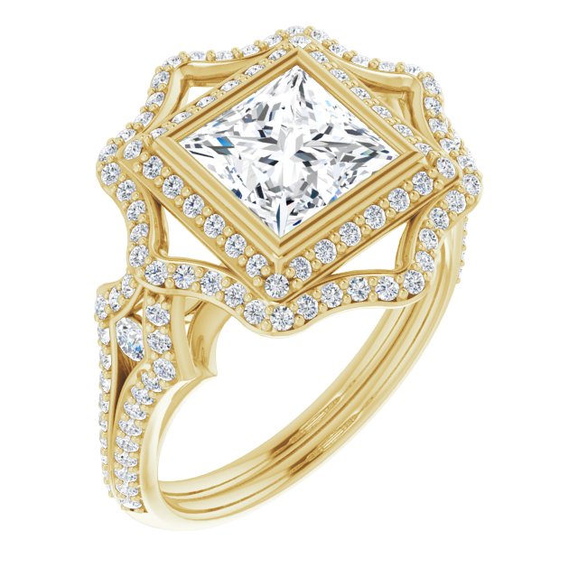 10K Yellow Gold Customizable Princess/Square Cut Style with Ultra-wide Pavé Split-Band and Nature-Inspired Double Halo