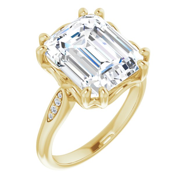 10K Yellow Gold Customizable 9-stone Emerald/Radiant Cut Design with 8-prong Decorative Basket & Round Cut Side Stones