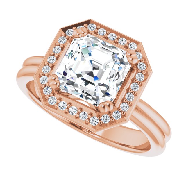 Cubic Zirconia Engagement Ring- The Jeanine Marie (Customizable Asscher Cut Style with Scooped Halo and Grooved Band)