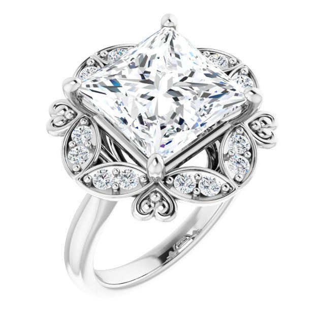 10K White Gold Customizable Princess/Square Cut Design with Floral Segmented Halo & Sculptural Basket