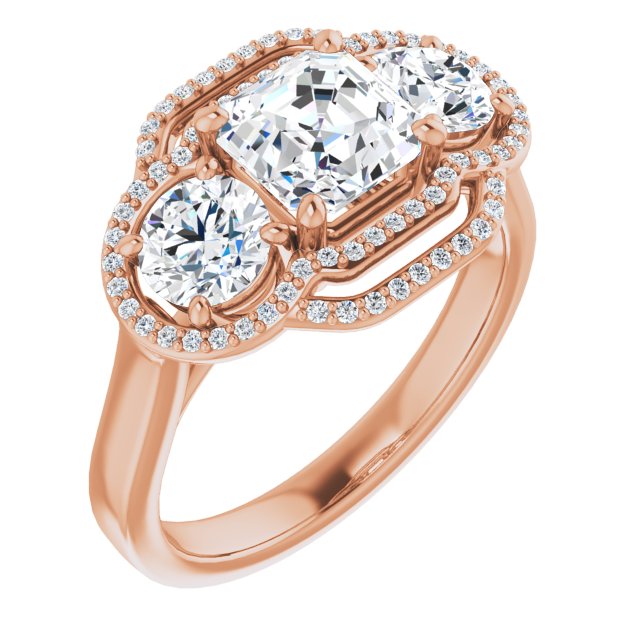 10K Rose Gold Customizable Cathedral-set Enhanced 3-stone Asscher Cut Design with Multidirectional Halo