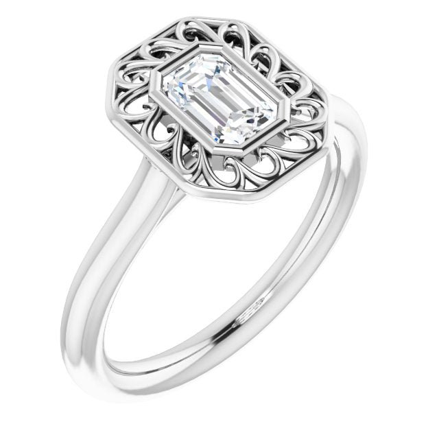 10K White Gold Customizable Cathedral-Bezel Style Emerald/Radiant Cut Solitaire with Flowery Filigree