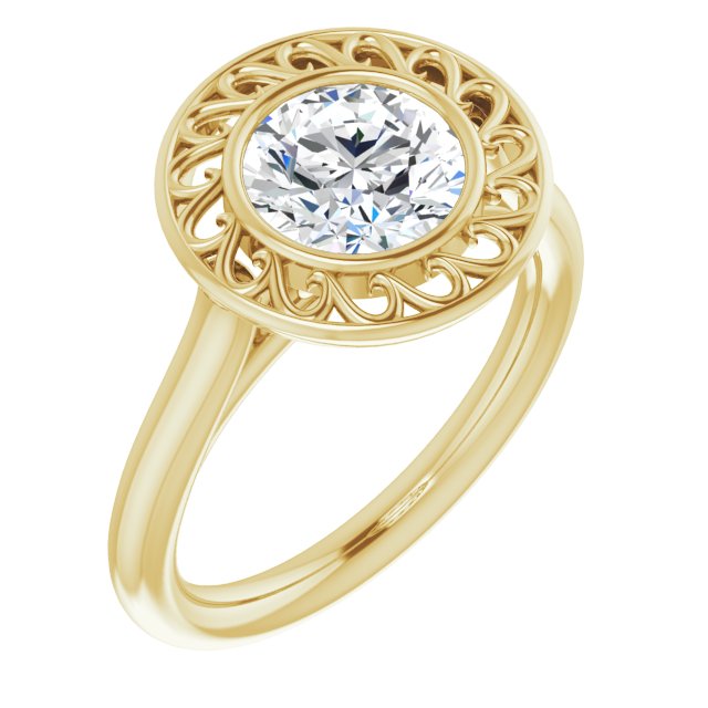 10K Yellow Gold Customizable Cathedral-Bezel Style Round Cut Solitaire with Flowery Filigree