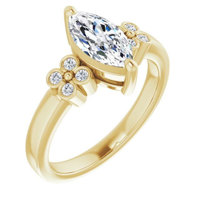 10K Yellow Gold Customizable 9-stone Design with Marquise Cut Center and Complementary Quad Bezel-Accent Sets