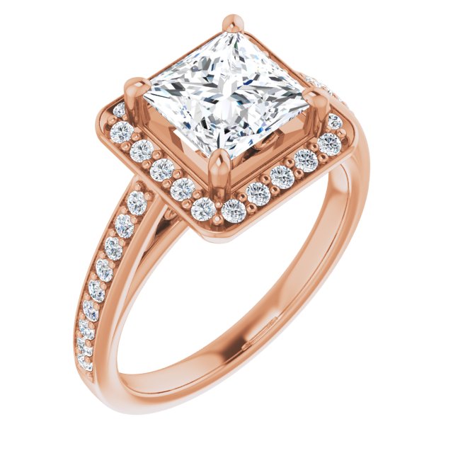 10K Rose Gold Customizable Princess/Square Cut Style with Halo and Sculptural Trellis
