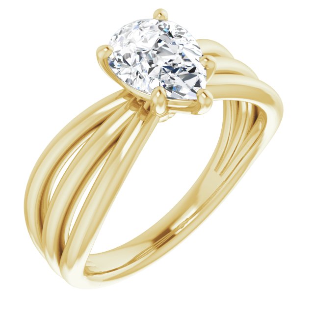 10K Yellow Gold Customizable Pear Cut Solitaire Design with Wide, Ribboned Split-band