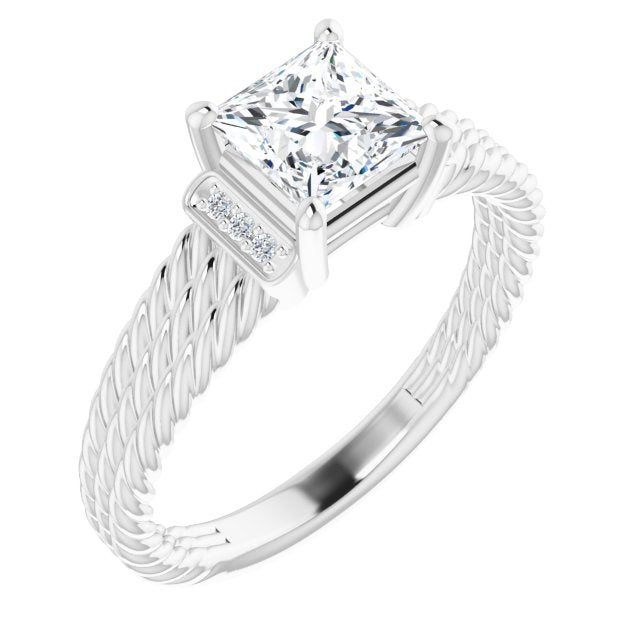 10K White Gold Customizable 11-stone Design featuring Princess/Square Cut Center, Vertical Round-Channel Accents & Wide Triple-Rope Band