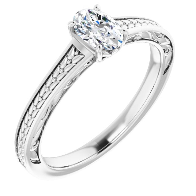 10K White Gold Customizable Oval Cut Solitaire with Organic Textured Band and Decorative Prong Basket