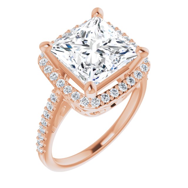 10K Rose Gold Customizable Cathedral-Crown Princess/Square Cut Design with Halo and Accented Band