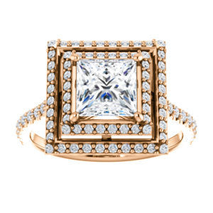 Cubic Zirconia Engagement Ring- The Alisa (Customizable Princess Cut with Geometric Double Halo)