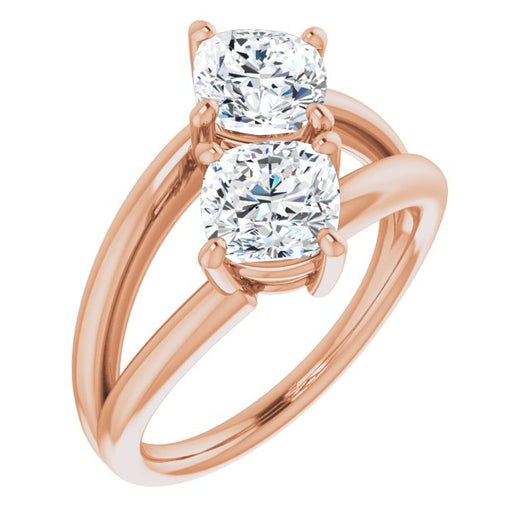 10K Rose Gold Customizable Two Stone Double Cushion Cut Design with Split Bypass Band