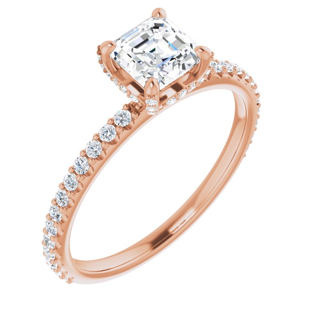 10K Rose Gold Customizable Asscher Cut Design with Round-Accented Band, Micropav? Under-Halo and Decorative Prong Accents)
