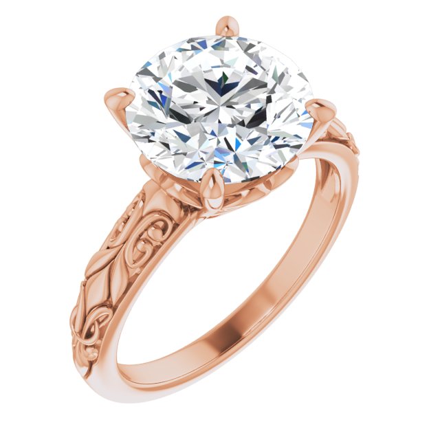10K Rose Gold Customizable Round Cut Solitaire featuring Delicate Metal Scrollwork