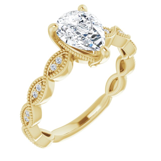 10K Yellow Gold Customizable Pear Cut Artisan Design with Scalloped, Round-Accented Band and Milgrain Detail