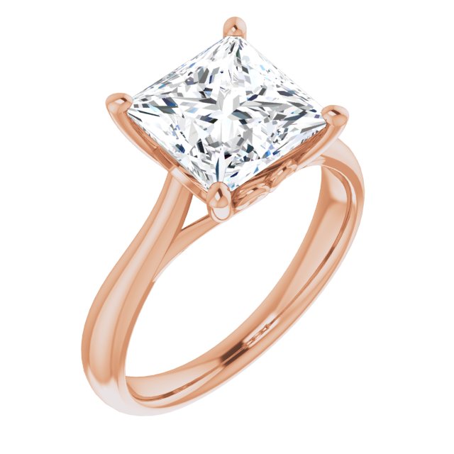 10K Rose Gold Customizable Princess/Square Cut Solitaire with Decorative Prongs & Tapered Band