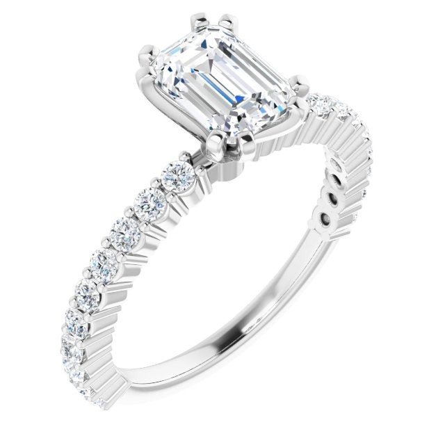 10K White Gold Customizable 8-prong Emerald/Radiant Cut Design with Thin, Stackable Pav? Band
