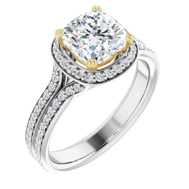 14K White & Yellow Gold Customizable Cathedral-set Cushion Cut Style with Split-Pav? Band