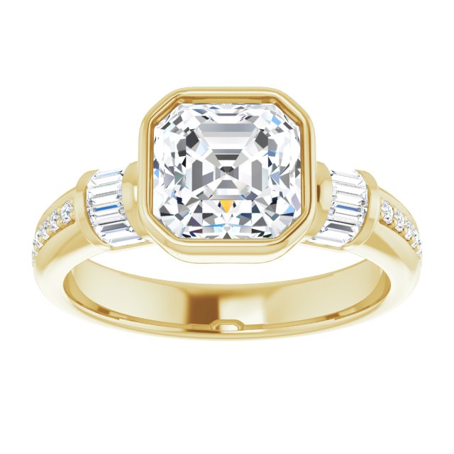 Cubic Zirconia Engagement Ring- The Danna (Customizable Cathedral-Bezel Asscher Cut Style with Horizontal Baguettes & Shared Prong Band)