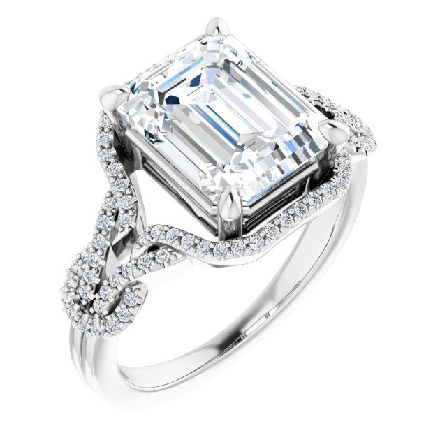 10K White Gold Customizable Emerald/Radiant Cut Design with Intricate Over-Under-Around Pavé Accented Band