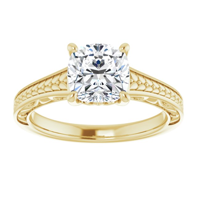 Cubic Zirconia Engagement Ring- The Shariya (Customizable Cushion Cut Solitaire with Organic Textured Band and Decorative Prong Basket)