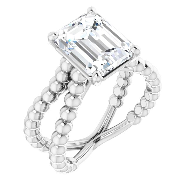 10K White Gold Customizable Emerald/Radiant Cut Solitaire with Wide Beaded Split-Band