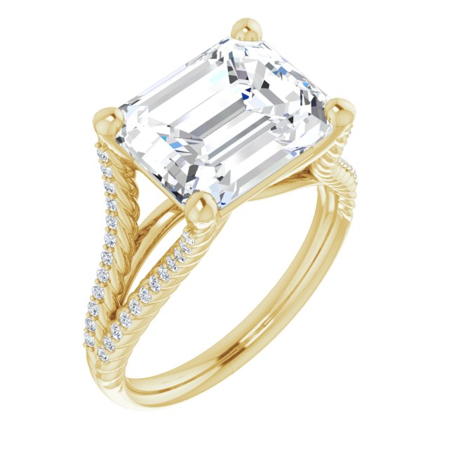 10K Yellow Gold Customizable Emerald/Radiant Cut Style with Split Band and Rope-Pavé