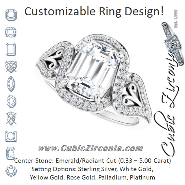 Cubic Zirconia Engagement Ring- The Alexis Rose (Customizable Emerald Cut Design with Bypass Halo and Split-Shared Prong Band)