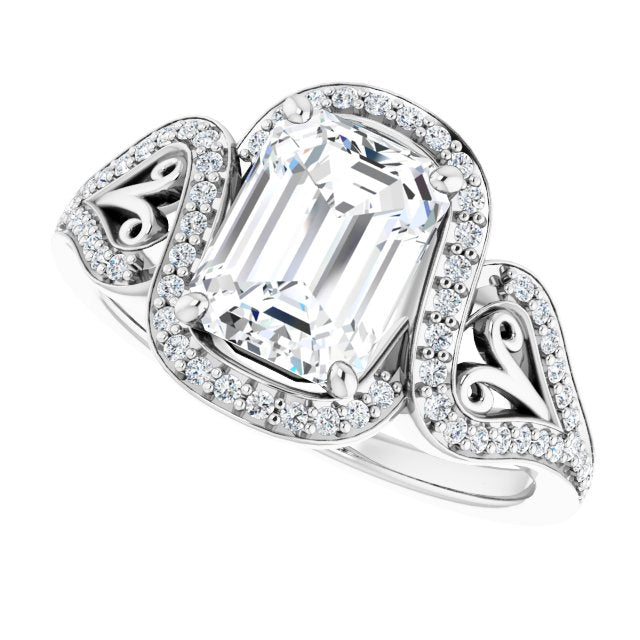 Cubic Zirconia Engagement Ring- The Alexis Rose (Customizable Emerald Cut Design with Bypass Halo and Split-Shared Prong Band)