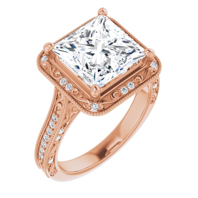 10K Rose Gold Customizable Vintage Artisan Princess/Square Cut Design with 3-Sided Filigree and Side Inlay Accent Enhancements