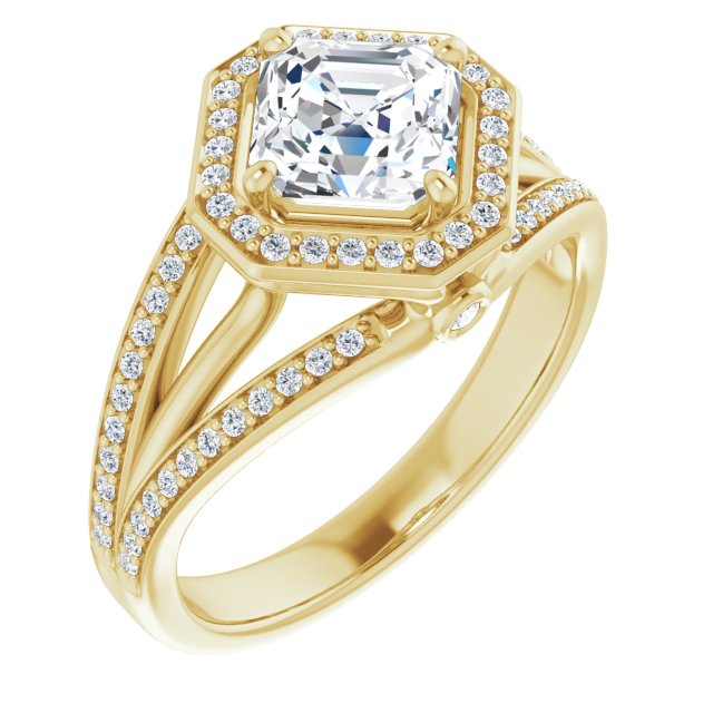 10K Yellow Gold Customizable High-set Asscher Cut Design with Halo, Wide Tri-Split Shared Prong Band and Round Bezel Peekaboo Accents
