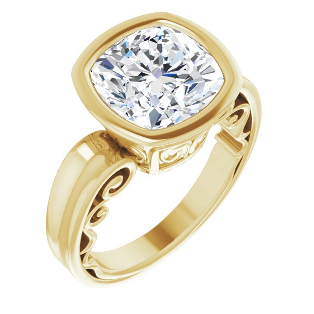 10K Yellow Gold Customizable Bezel-set Cushion Cut Solitaire with Wide 3-sided Band
