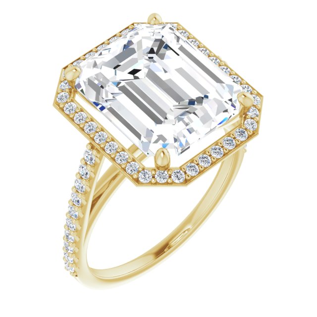 10K Yellow Gold Customizable Emerald/Radiant Cut Design with Halo and Thin Pavé Band