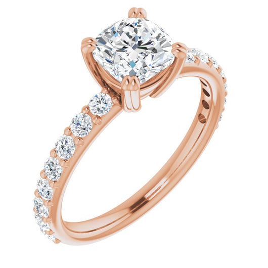 10K Rose Gold Customizable Cushion Cut Design with Large Round Cut 3/4 Band Accents