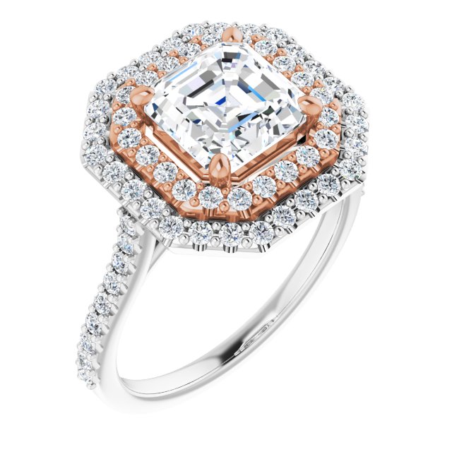 14K White & Rose Gold Customizable Double-Halo Asscher Cut Design with Accented Split Band