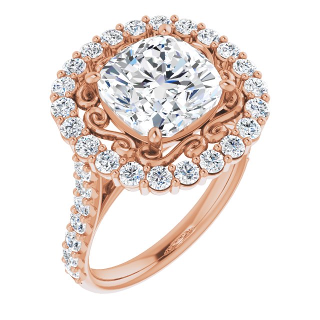 10K Rose Gold Customizable Cushion Cut Cathedral Style with Oversized Halo