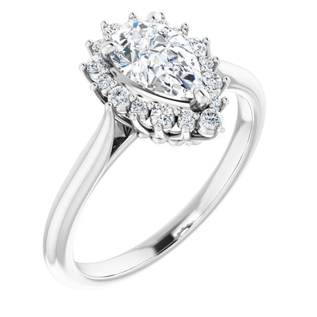 10K White Gold Customizable Crown-Cathedral Pear Cut Design with Clustered Large-Accent Halo & Ultra-thin Band