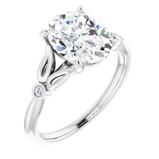 10K White Gold Customizable 3-stone Oval Cut Design with Thin Band and Twin Round Bezel Side Stones