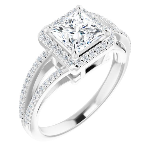 10K White Gold Customizable Princess/Square Cut Vintage Design with Halo Style and Asymmetrical Split-Pavé Band